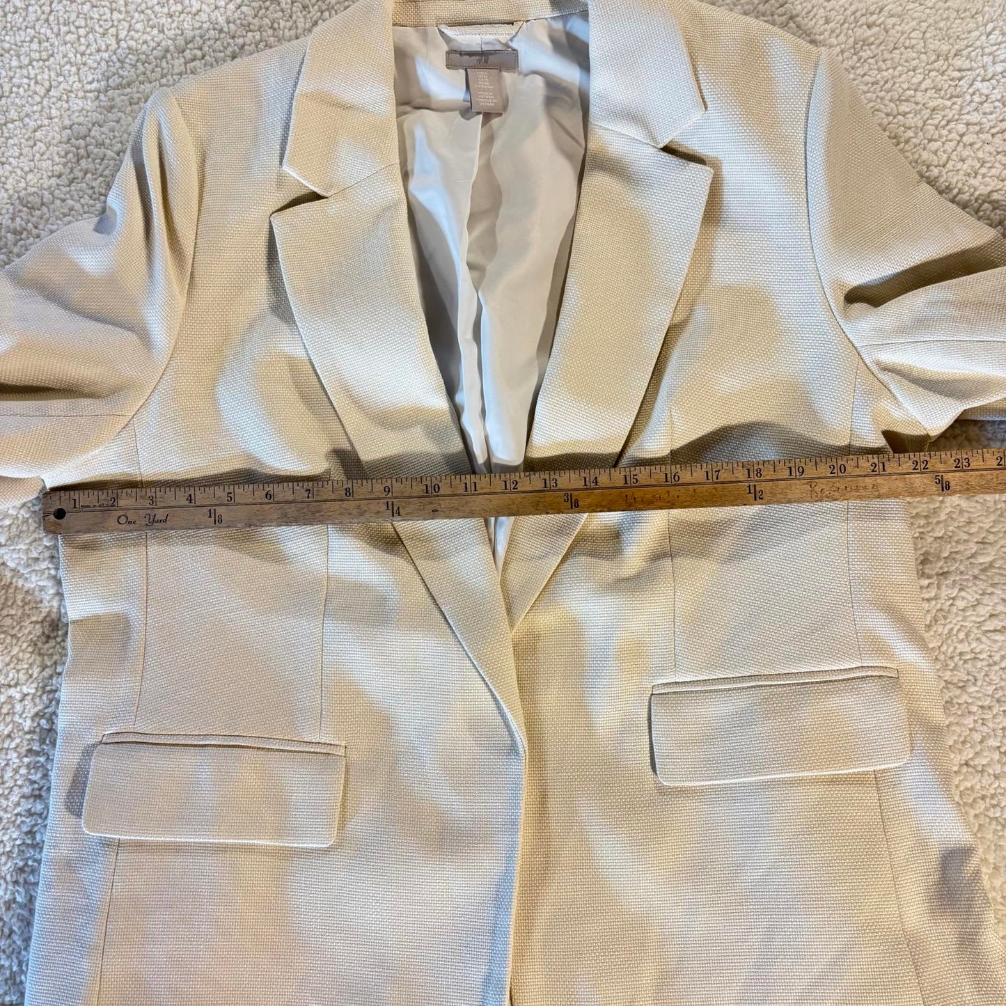 Women's H&M Tan/Cream 3/4-Sleeve Woven Open Front Blazer Size XL Preppy