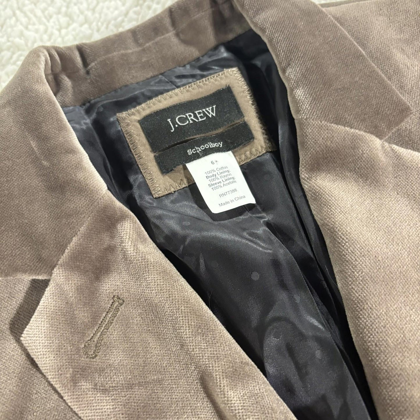 J. Crew Velvet Schoolboy 2 Button Blazer SZ 6 Workwear Classic Preppy Taupe