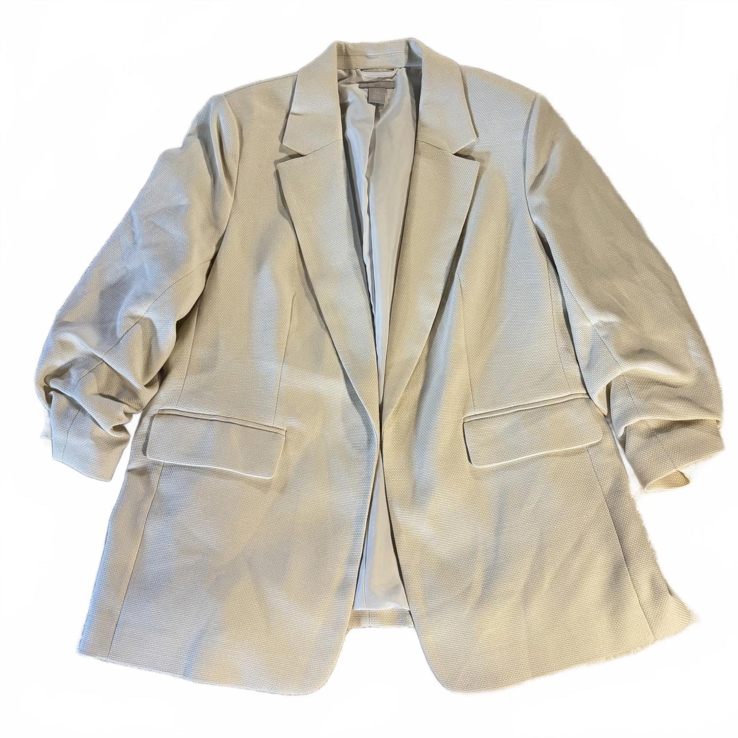 Women's H&M Tan/Cream 3/4-Sleeve Woven Open Front Blazer Size XL Preppy