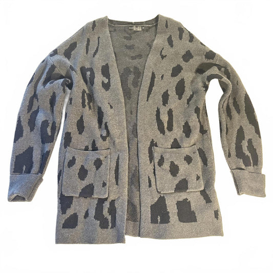 Open Front Cardigan with Pockets Women Size M Gray Black Leopard Print Office