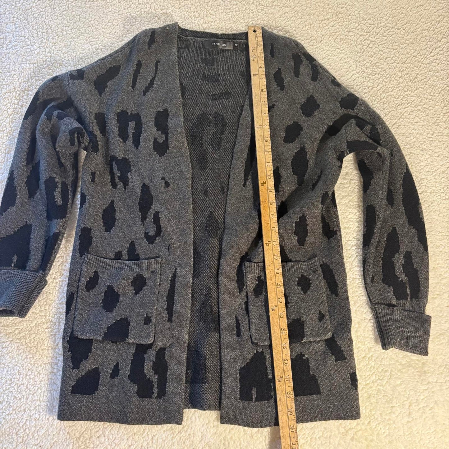 Open Front Cardigan with Pockets Women Size M Gray Black Leopard Print Office