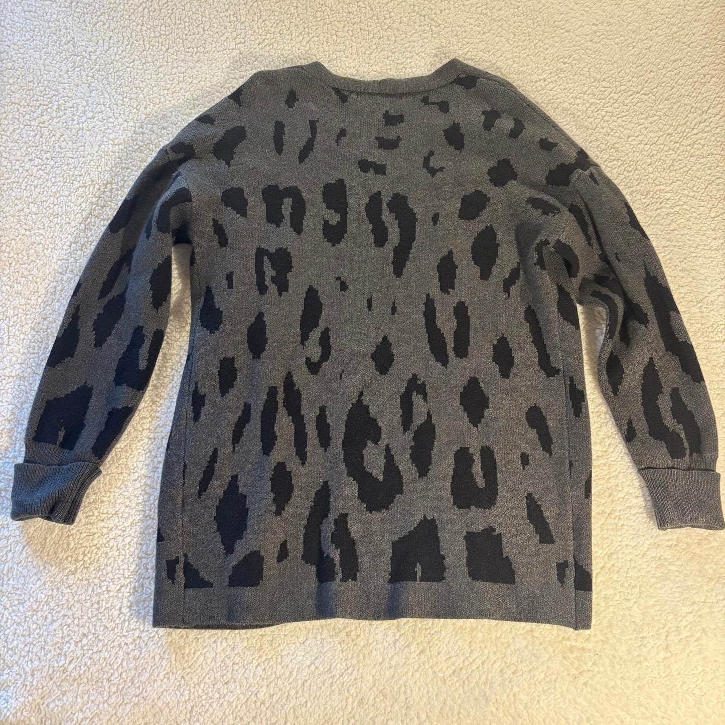 Open Front Cardigan with Pockets Women Size M Gray Black Leopard Print Office