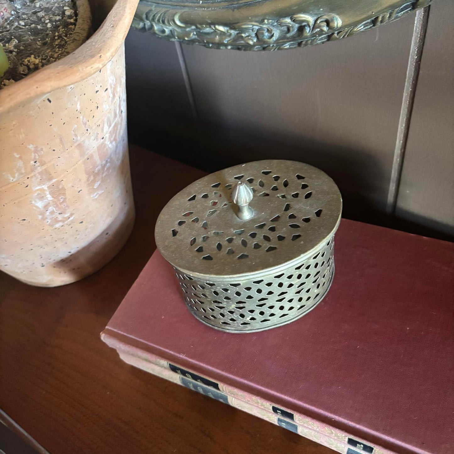 Vintage Pierced Brass Oval Box with Lid for Potpourri or Trinkets