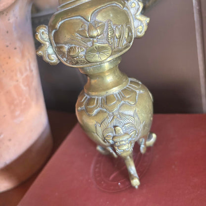 Antique Japanese Brass Relief Candlestick or Vase Vintage Patina