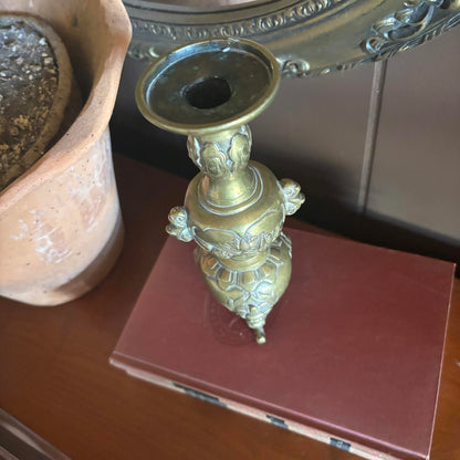 Antique Japanese Brass Relief Candlestick or Vase Vintage Patina