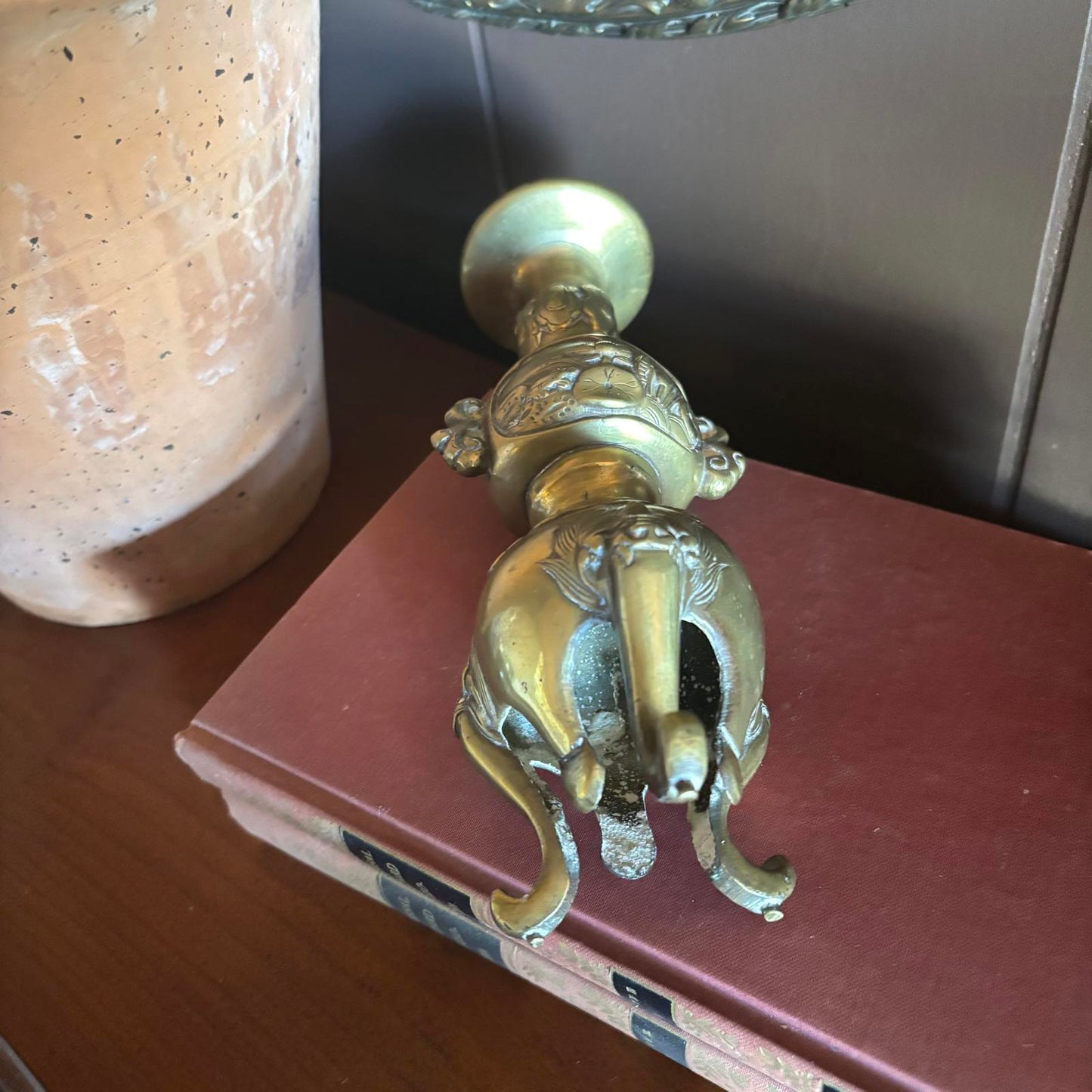 Antique Japanese Brass Relief Candlestick or Vase Vintage Patina