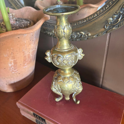 Antique Japanese Brass Relief Candlestick or Vase Vintage Patina