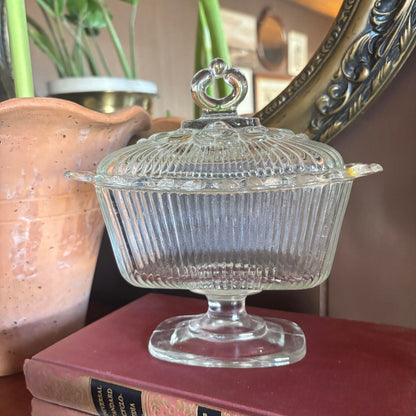 Vintage Indiana Glass Lace Edge Footed Candy Dish with Lid Depression Glass
