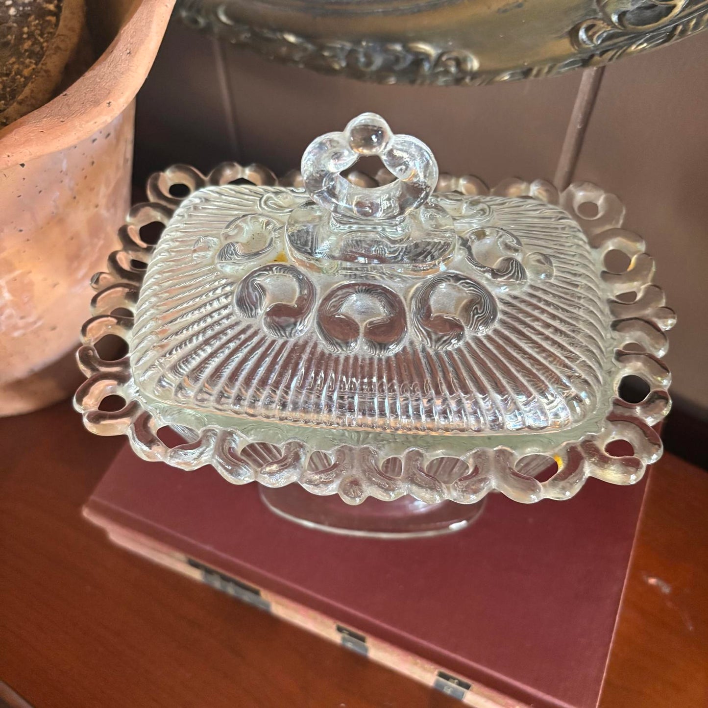 Vintage Indiana Glass Lace Edge Footed Candy Dish with Lid Depression Glass