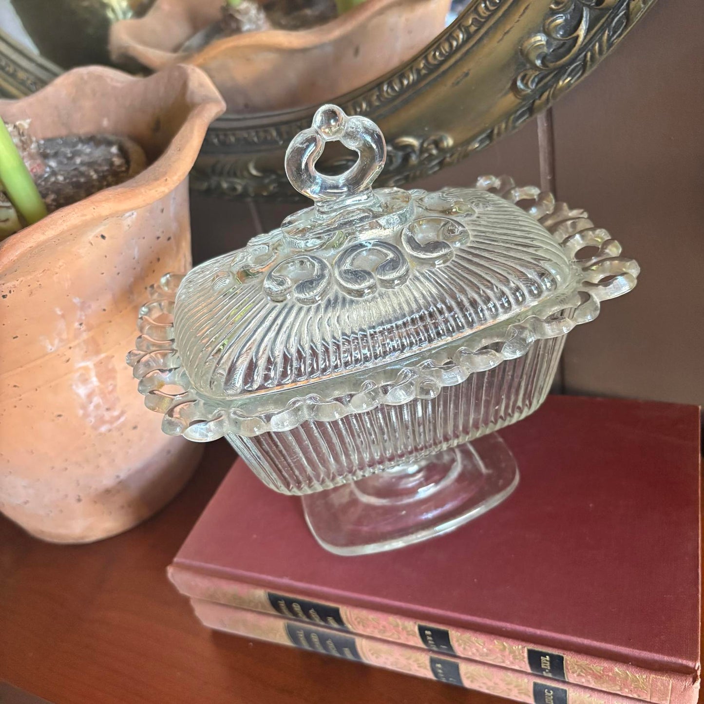 Vintage Indiana Glass Lace Edge Footed Candy Dish with Lid Depression Glass