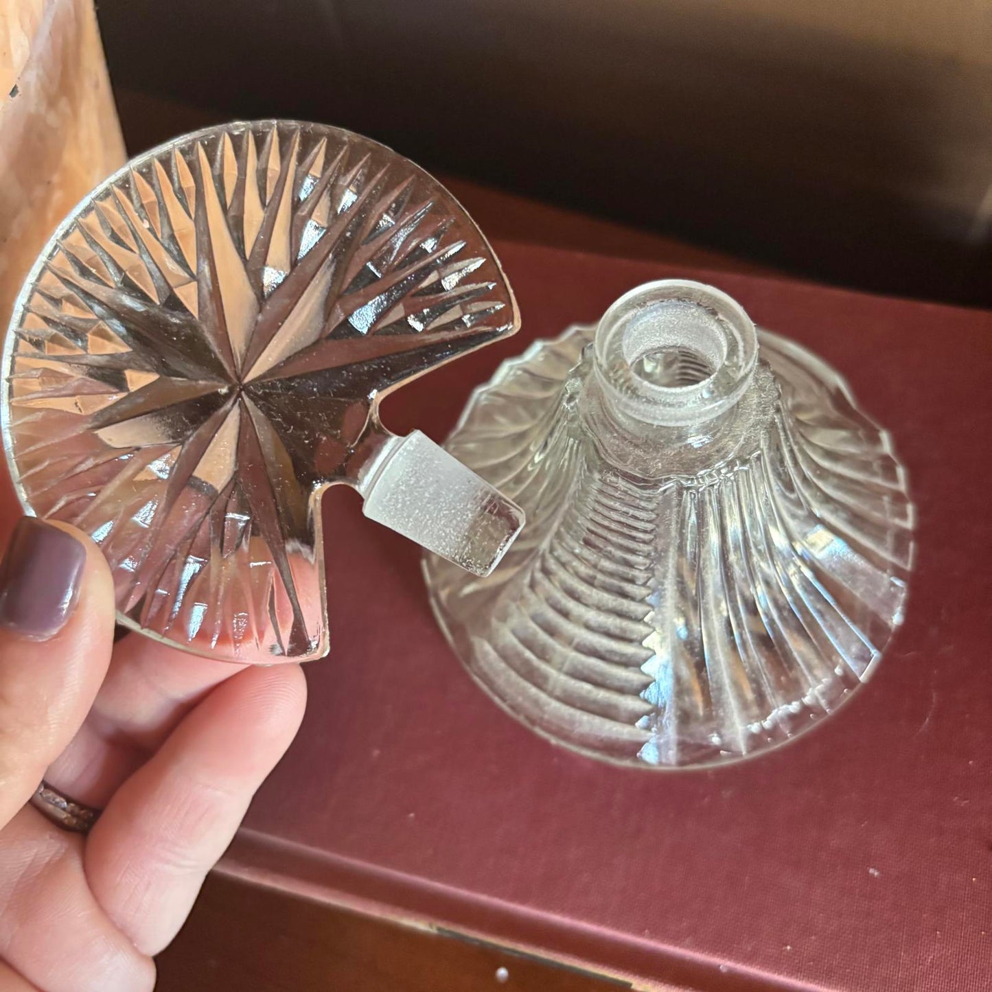 Vintage Art Deco Glass Perfume Bottle with Starburst Fan Stopper