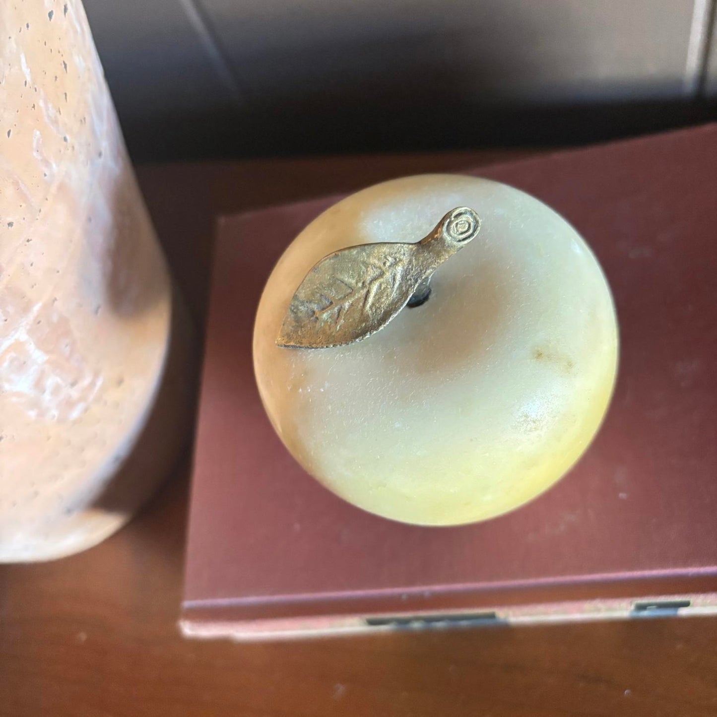 Vintage Polished Marble Apple Paperweight with Brass Stem & Leaf Antique