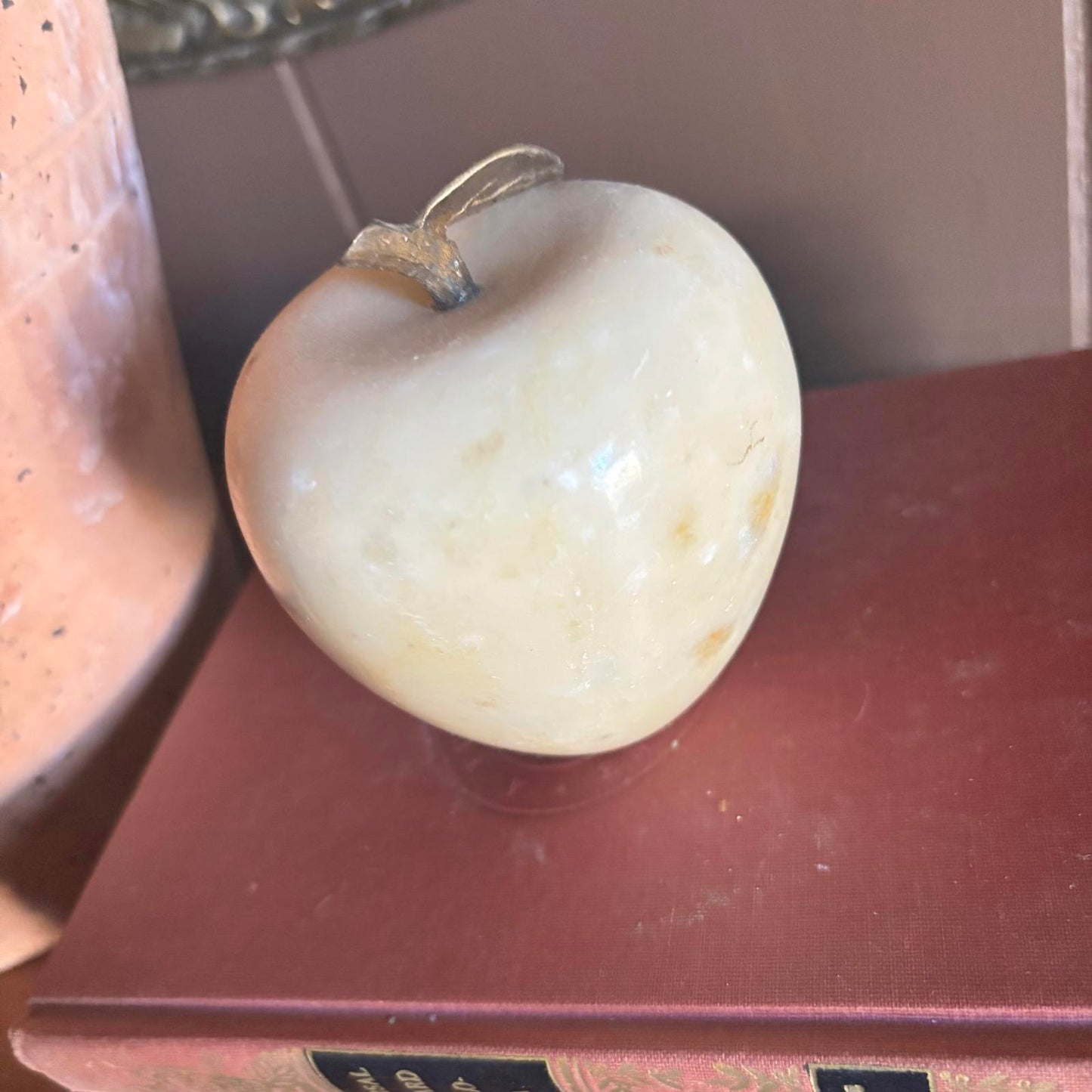 Vintage Polished Marble Apple Paperweight with Brass Stem & Leaf Antique