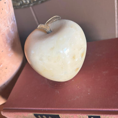 Vintage Polished Marble Apple Paperweight with Brass Stem & Leaf Antique