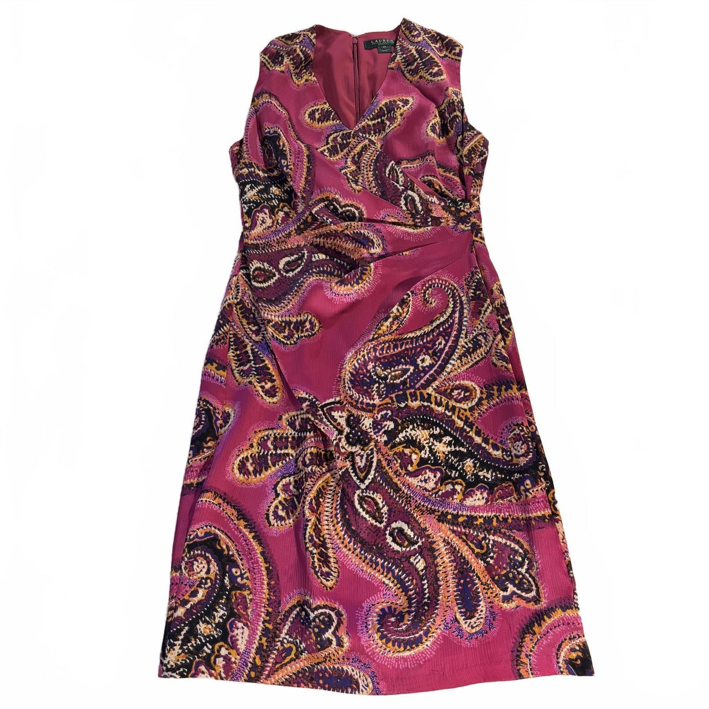 Lauren Ralph Lauren Dress Womens 6P Fuchsia Sleeveless Ruched Sheath Paisley