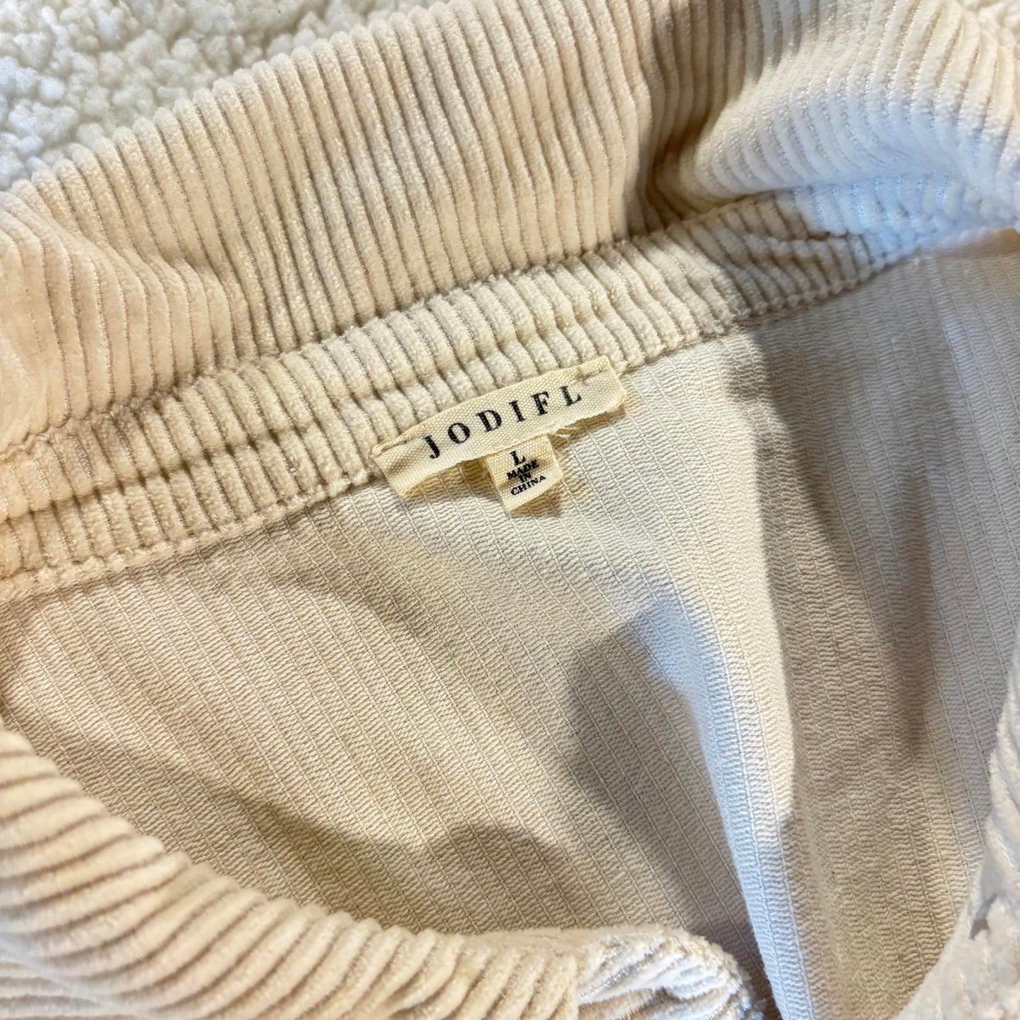Jodifl Womens Cotton Blend Cream Corduroy Collared Shacket Size L Ruffles
