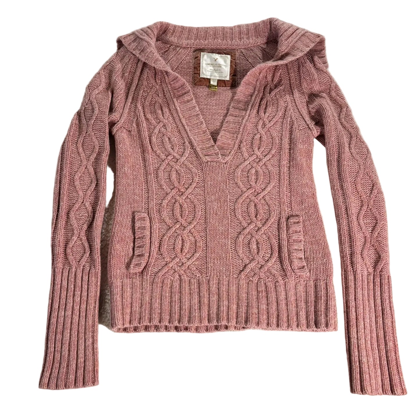 American Eagle Outfitters Sweater Womens L Y2K Cable Knit V Neck Vintage Pink