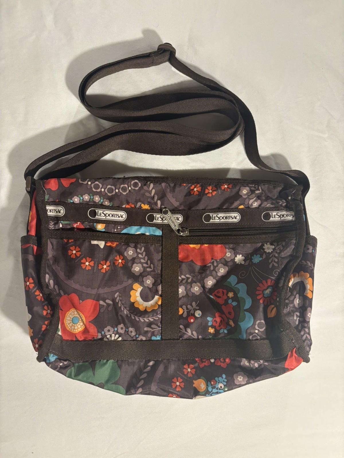 LeSportSac Brown Retro Floral Deluxe Everyday Expandable Crossbody Shoulder Bag