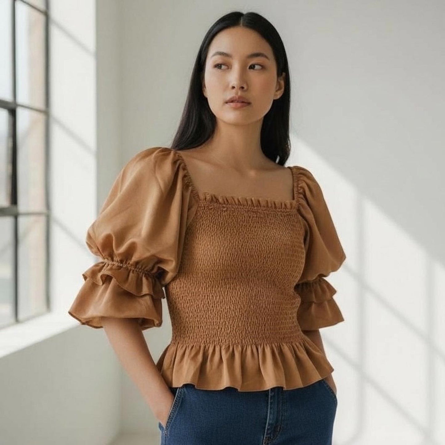 Linen Rose Boutique Women's Top EUC - Size Medium - Copper Puff Sleeve