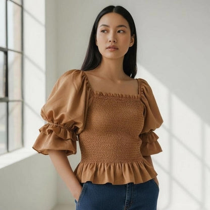 Linen Rose Boutique Women's Top EUC - Size Medium - Copper Puff Sleeve